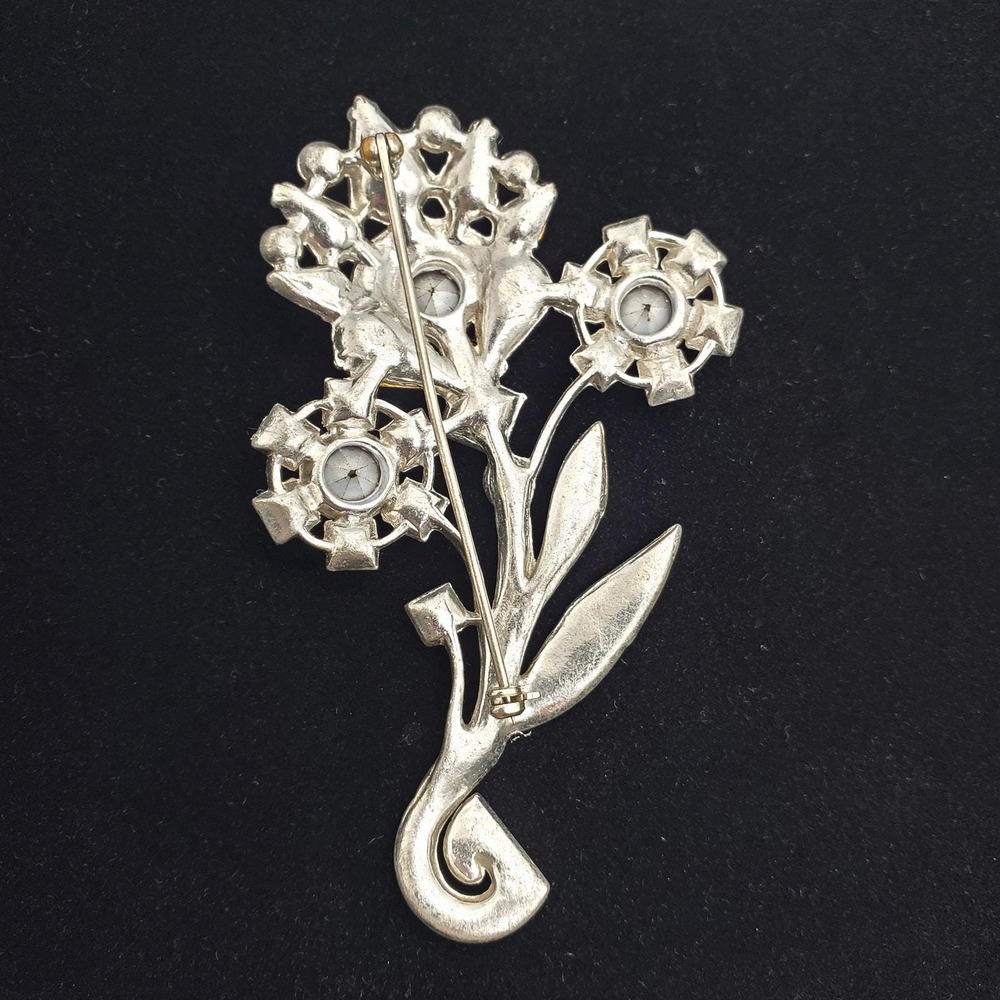 Vintage Flower Brooch Red Rhinestone Pot Metal Silver Tone Bouquet Pin Statement - Picture 4 of 6